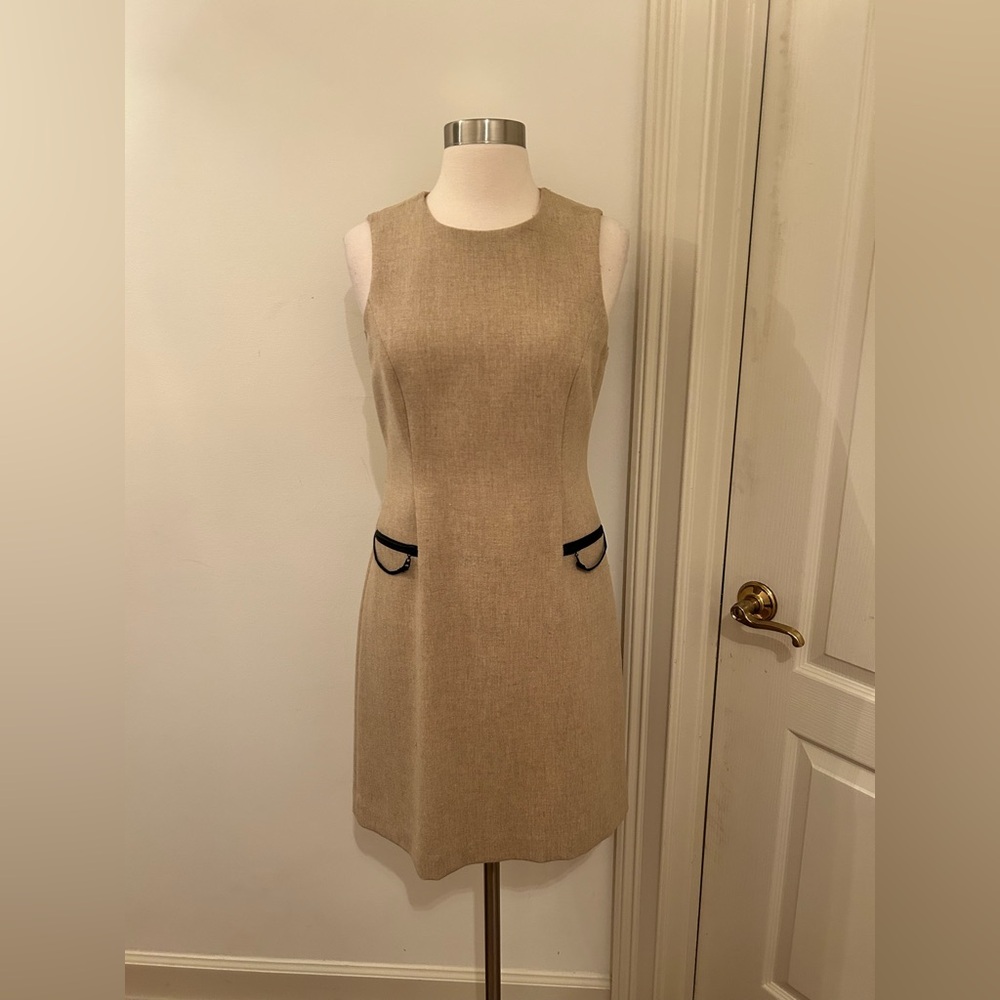 Oscar de la Renta Tan Wool and Leather Knee Length Dress